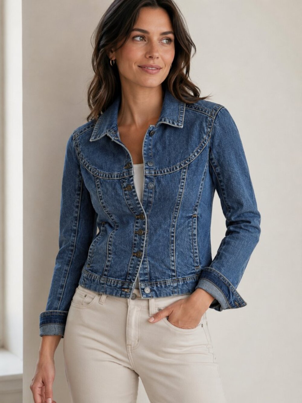 Fitted Denim Jacket Cropped Stretch Slim Blue LA Idol Size M